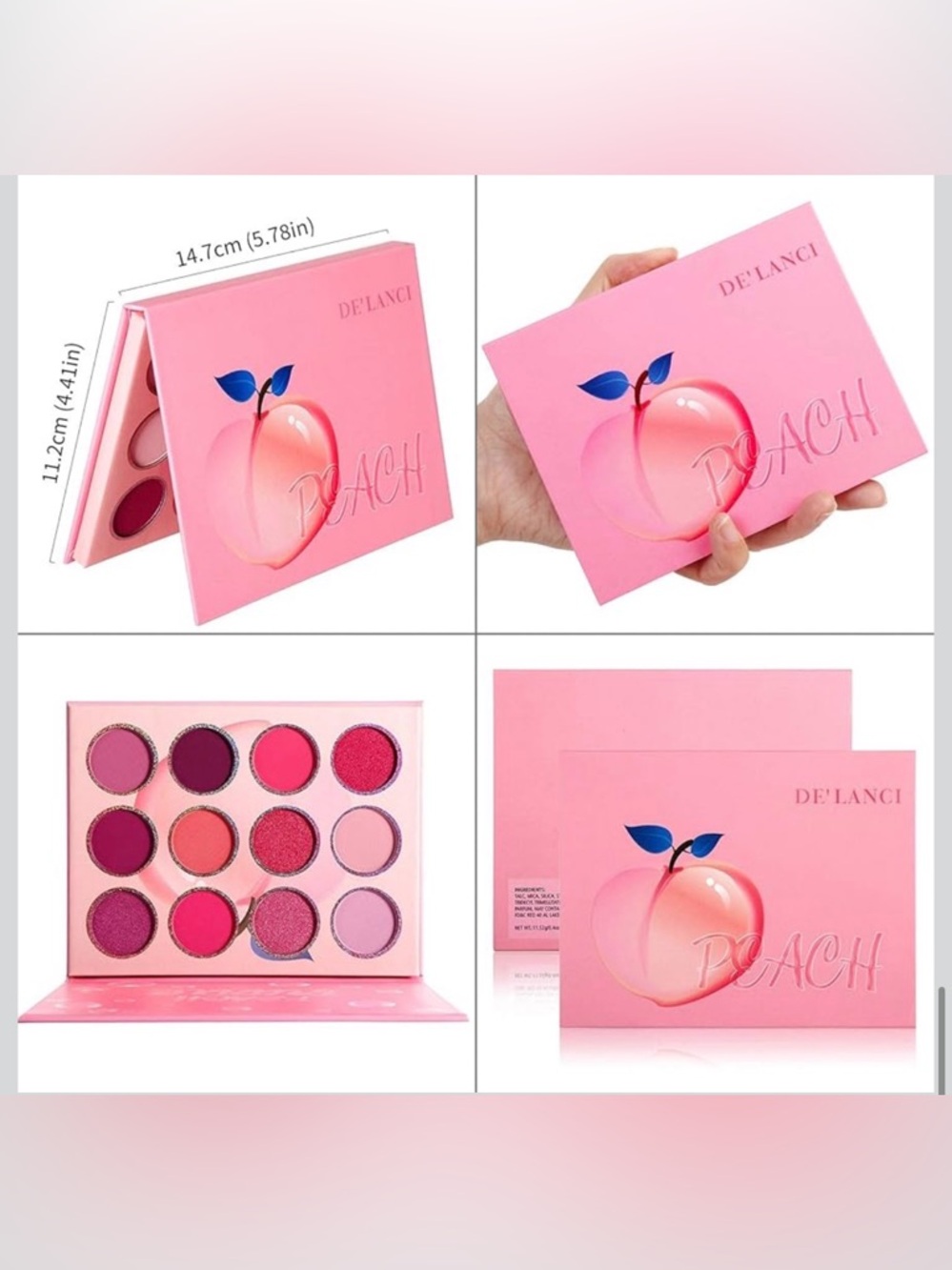 DE’LANCI Peach Eyeshadow Palette 12 Color Pink Glitter Matte Makeup New